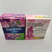 2 Sealed Boxes Tampons: TAMPAX radiant 14 ct SUPER Playtex 9 ct Regular + Super