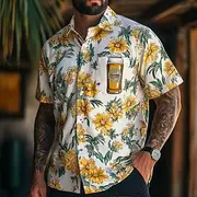 Men's Floral Print Oktoberfest Beer Flowers Shirt Summer Shirt Button Up Shirt Short Sleeve Fashion Casual Outdoor Holiday Summer Spring Turndown 3D Print Coll