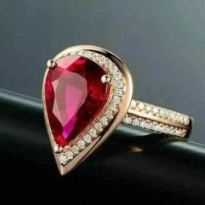 14K Yellow Gold Plated 3.30Ct Pear Cut Lab-Created Red Ruby Halo Engagement Ring