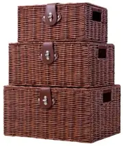 Set of 3 Woven Wicker Storage Basket Box with Lid & Lock, Built-in Natural
