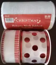 3 -30' Rolls Wired RIBBON • Red & White DOTS 2.5", STRIPES 1.5", White MESH 5.5"