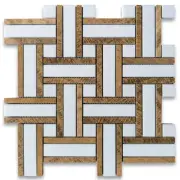 T66A8XP Thassos White Marble Twine Basketweave Mosaic Tile Yellow Woodgrain