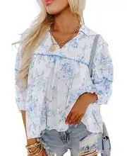 Sky Blue Floral 3/4 Sleeve Tied Collar Blouse