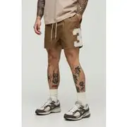Mens Taupe Elasticated Waist Canvas Raw Edge Applique Fighter Shorts