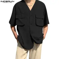 在飛比找蝦皮商城優惠-Incerun 男士韓版時尚口袋 V 領短袖純色襯衫