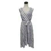 NWT DKNY Chiffon Faux Wrap Fit & Flare Midi Dress in White Blue Womens Size 8