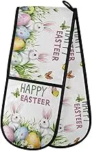 Quteprint Easter Bunny Butterfly Flowers Washable Double Oven Mitts, Heat Resistant Quilted Kitchen Oven Gloves Extra Long Potholder 7" x 35" for Cooking Baking Microwave Grilling Barbecue