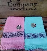 VTG Fingertip Towels Fringe Pink Turquoise Cannon Callaway embroidered 50s dorm