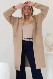 Levi Cardigan - Open Front Long Knit Cardigan with Pockets in Camel