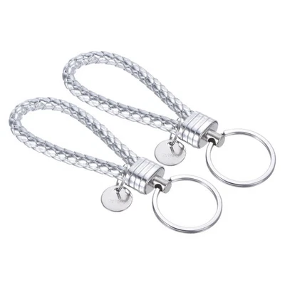 Braided Leather Keychain with Stainless Steel Key Ring Sleeve, 2 Pack Silver