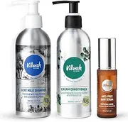 Vilvah Store Frizz Free Hair Combo, Anti Frizz Hair Serum + Goat Milk Shampoo + Cream Conditioner Great for Dry, Damaged, and Frizzy Hair, 430ml