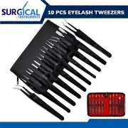 10 Pcs Eyelash Extension Tweezers Set with Carrying Case Anti-Static Black Color