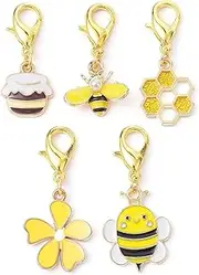 LiQunSweet 50 pcs Bee Theme Enamel Alloy Clip on Charms Heneycomb Honeybee Flower Insect Keychain Charms with Lobster Clasps for DIY Jewelry Craft Purse Bag Backpack Decor Bulk