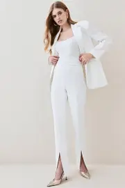 Compact Stretch Tailored High Rise Split Hem Pants