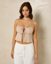 [Mooloola] Mooloola Women's Zelm Dallis Tie Front Top in Mushroom Size 2 2 Mushroom