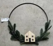 Target 12” Metal Wreath with Wooden House Hanging Home Door or Wall Decor NEW