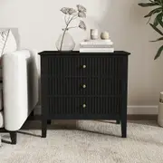 Zara Fluted WIDE 3 Drawer Bedside Table - Black