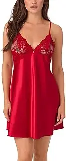 [Le Mystère] Women's Lace Allure Chemise – High-Shine Satin, Scalloped Lace Cup, Open Back Detail, Adjustable Straps