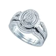 Sterling Silver Round Diamond Oval Cluster Matching Wedding Ring Set 1/3 Cttw