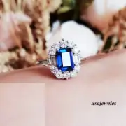 2CT Emerald Cut Real blue Sapphire 14K White Gold Finish Engagement Jewelry Ring