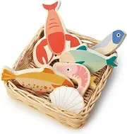 Tender Leaf Toys Seafood Basket - Play Food in a Wicker Basket Perfect For Children Shopping Day Roleplay and Pretend Play