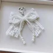 Lace Bow Faux Pearl Bag Charm Keyring M407 - Silver & White - One Size