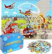 LELEMON Puzzles for Kids Ages 4-8 Fire Truck Jigsaw Puzzles in a Metal Box for Kids Boys Girls 100 Pieces Fire Truck Car Motorcycle Helicopter Aircraft Learning Educational Puzzles