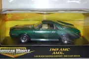 1969 AMC AMX, 1:18 DIECAST AMERICAN MUSCLE, GREEN W/ SILVER STRIPES, NEW
