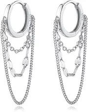[Reffeer] 925 Sterling Silver Chain Drop Earrings Hoop for Women Teen Girls Tassel Chain Hoop Earrings Huggie Dangle Earrings