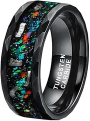 [TUTISS] 8mm Hammered Tungsten Rings for Men Women Engagement Wedding Bands Geunine Opal Meteorite Inlay Matte Finish Comfort Fit