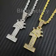 Gold Plated Alloy Iced Cubic Zirconia Crowned Number 1 & 24" Rope Chain Necklace