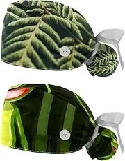[WOSHJIUK] Working Hat 2 Pack Scrub Caps for Women,Green Plant Tree Leaves,Tie Back Cap Adjustable Scrub Hat