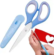 School Scissors, Stainless Steel Child Scissors - Blue Student Scissors Rounded Tip Shears with Cover for Middle School Kids Crafting Project