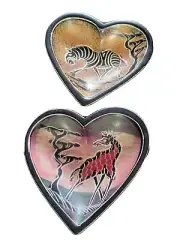 2 Carved Stone Heart Healing Bowls Painted Zebra Wildebeest African Safari 4x4in