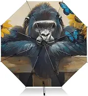 [PDZRMY] Gorilla Fence Butterfly UV Protection Travel Umbrella Compact for Rain and Sun - Auto Open and Close UPF 50+ Windproof Portable 46” Sun Umbrella for Women and Men
