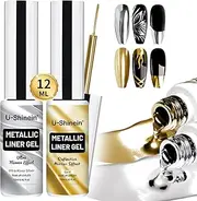 U-Shinein Metallic Mirror Painting Gel Nail Polish, Ultra Mirror Silver & Gold Metal Painted Drawing Gel with Build in Thin Brush, Chrome Gel Polish Nail Art Gel Liner Soak Off DIY Nail Art 2x12 ml