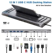 USB C HUB to 2HDMI 4K with Tablet Stand Gigabit RJ45 PD 3.5Mm SD/T Dock Station