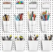 Jinei 12 Pcs Pegboard Bins and Cups with Hooks and Loops Peg Assortment Organizer Accessories Various Tool Organizer Pegboard Basket Set for Garage Workshop Workbench Office(White)