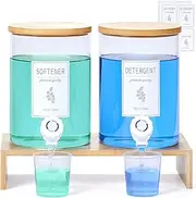 Laundry Detergent Dispenser with Bamboo Lids, Shelf, Faucets, 8 Waterproof Labels, 2 Measuring Cups for Liquid Detergent - 2-Pack 120 oz Glass Containers for Laundry Room Organization and Storage