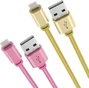 Laser 2M MFi Certified Lightning to USB-A Cable Charger, Nylon Braided, Durable and Fast Charging, Compatible with Apple Devices, iPhone 11/12/13/14 Pro/Pro Max, iPad Pro/Mini - 2 Pack, Gold/Pink