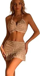 [ADSEXY] Three Pieces Sexy Lingerie Set for Women, Exotic Backless Halter Ruffle Trimmed Bra & Hot Short Skirt, with A G-string