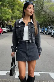 Black Crop Jacket With Contrast Collar - Size 16XL, Women's Denim Jacket