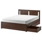 SONGESAND bed frame with 4 storage boxes, brown/Luröy, Double