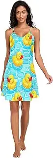 [RPLIFE] Cute Yellow Ducks Blue Pool Lingerie Slip Dress, Sexy V Neck Satin Cami Sleep Dress, S-XXL