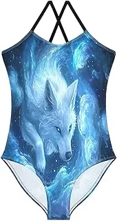 [RPLIFE] Girls Swimming Suits Beach Swimsuit Girls 3-10 Y with Adjustable Shoulder Strap, Wolf Blue Silver Cloud
