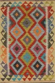 Flat Weave Diamond Kilim Oriental Area Rug 4'x5' Tribal Wool Reversible Carpet