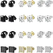 [CHARIFIN] Stainless steel stud earrings studs set Black titanium piercing men for allergy prevention earring inset square zircon 6mm silver plated gold earrings 12pairs, Stainless Steel Cubic Zirconia,