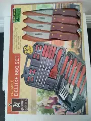 GOURMET TRADITIONS 22 Piece Portable Deluxe BBQ Set + Bonus 4 Steak Knives