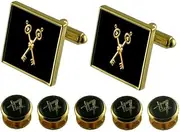 [Select Gifts] Treasurer Gold Cufflinks Masonic 5 Shirt Dress Studs Box Set