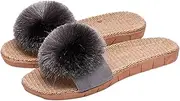 [Caistre] Women's House Slippers Open Toe Linen Flat Slide Sandals Fluffy Pompom Cozy Flat Slippers Sandals Non-Slip Home Shoes 2025, Grey, 7.5-8